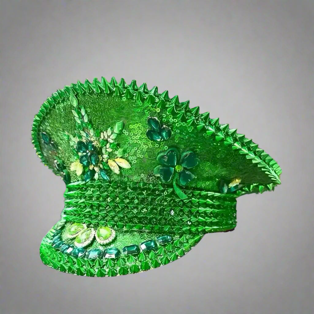 Green Sequin Pirate Hat with Clover – Unisex Steampunk Party Costume Accessory for St. Patrick’s Day, Carnival, Bar or Cruise Wear