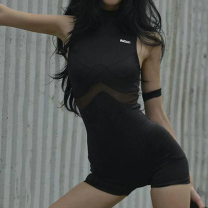 Women Mesh Splicing Sports Jumpsuit – Sleeveless Hollow-Out Playsuit with Body-Shaping Fit for Street Style Wear