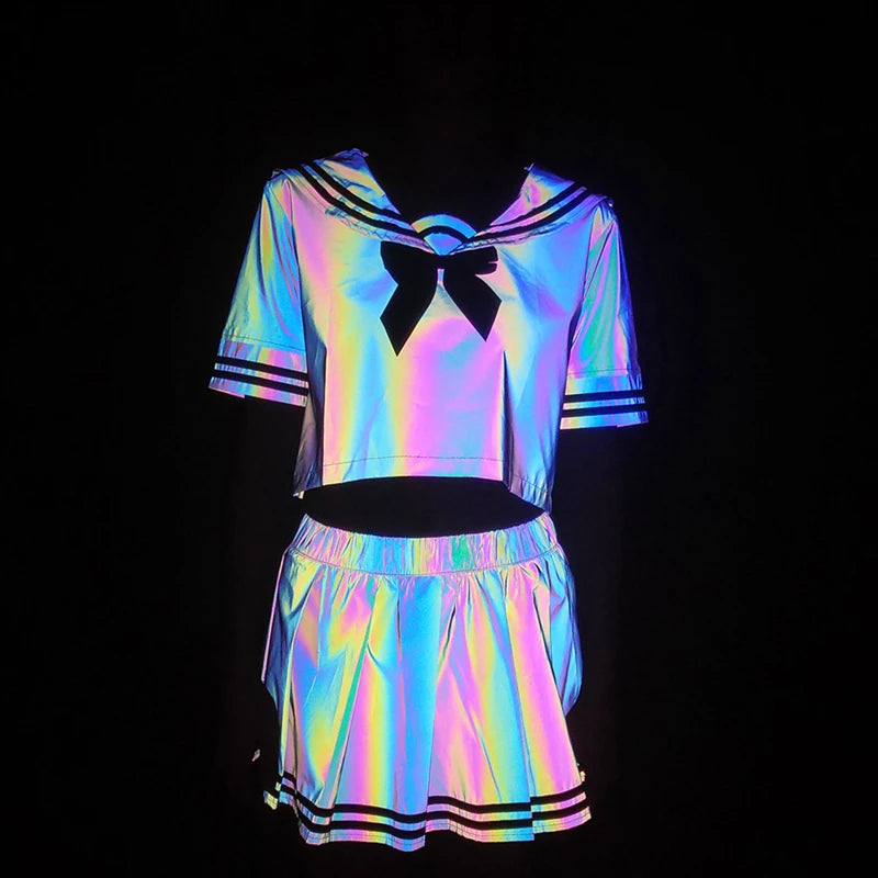 Sexy Colorful Reflective Pleated Two Piece Set – Women’s Blouse and Skirt Outfit with Kawaii Style, Trendy Streetwear Party Fashion Ensemble