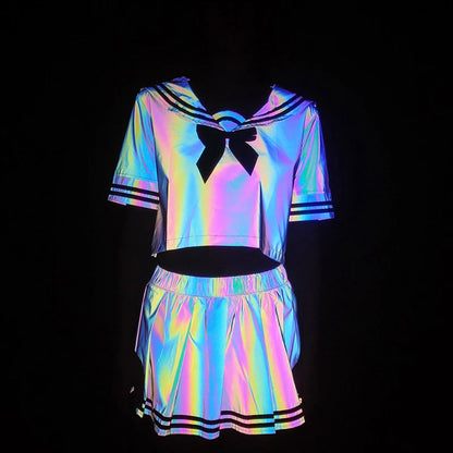 Sexy Colorful Reflective Pleated Two Piece Set – Women’s Blouse and Skirt Outfit with Kawaii Style, Trendy Streetwear Party Fashion Ensemble