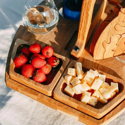 Foldable Wooden Wine Picnic Table – Round Outdoor Snack Tray with Glass Holders for Elegant Al Fresco Dining