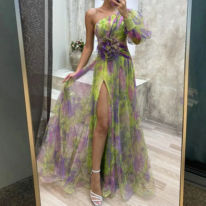 Mesh Tie Dye One-Shoulder Ball Gown with Slit – Floral Mesh Bubble Sleeve Split Evening Dress for Glamorous Events