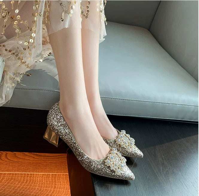 Rhinestone Wedding Shoes – Glitter Block Heel Pumps with Crystal Bow Buckle for Weddings and Parties
