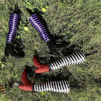 Halloween Witch Legs Yard Props – 2pcs Upside-Down Wizard Feet with Boot Stakes for Front Lawn Outdoor Party Decoration