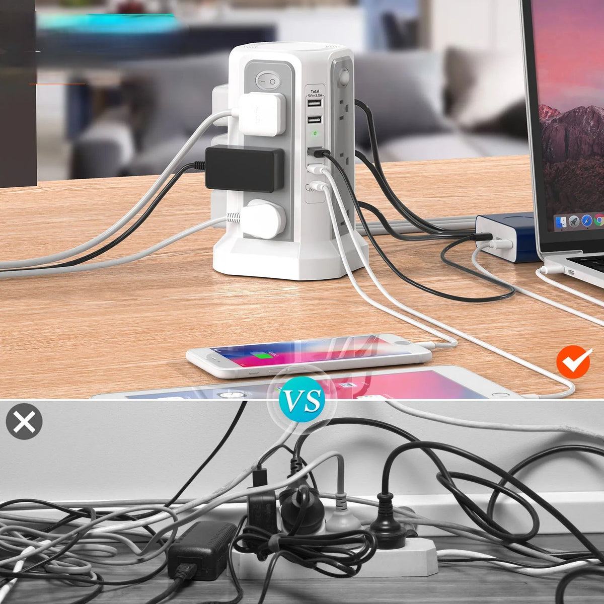 Upgraded Surge Protector Tower – 12 AC Outlets & 5 USB Ports with 10.2ft Cord, Must-Have Charging Station for Home, Office, Travel