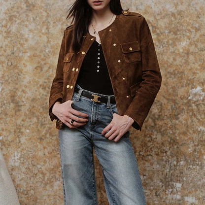 Snap Down Vintage Suede Short Coat – Slim Fit Double-Breasted Jacket with Gold Buttons for Autumn Elegance