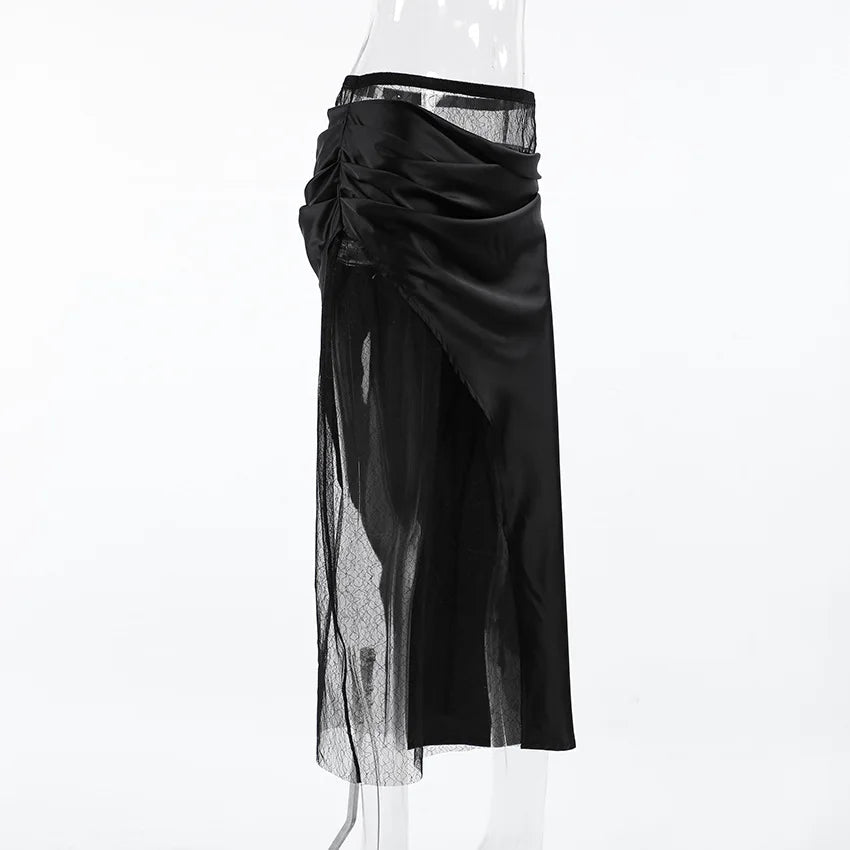 Women’s Black Lace Skirt – Asymmetrical A-Line Design with Fashionable Layered Splicing & Chic Modern Appeal