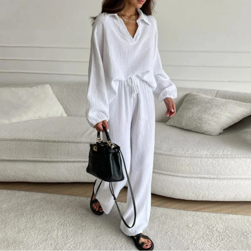 Solid Shirt & Wide-Leg Pants Set – Summer Vintage Streetwear for Women, Button-Down Blouse & Elegant Trousers