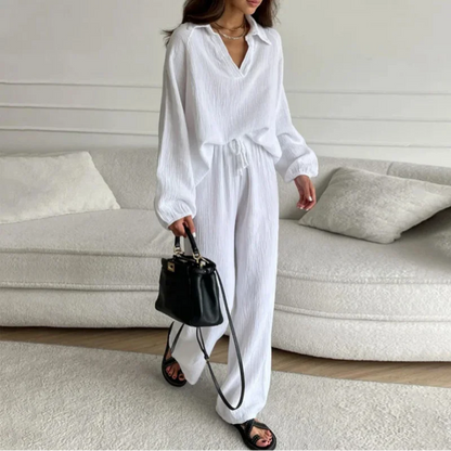 Solid Shirt & Wide-Leg Pants Set – Summer Vintage Streetwear for Women, Button-Down Blouse & Elegant Trousers