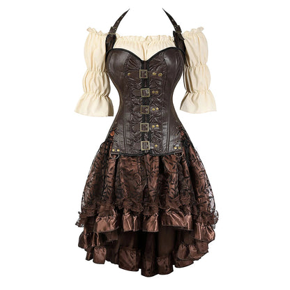 Women’s Pirate Corset Dress – Plus Size Brown Faux Leather Steampunk Costume with Off-Shoulder Blouse for Halloween Party Cosplay