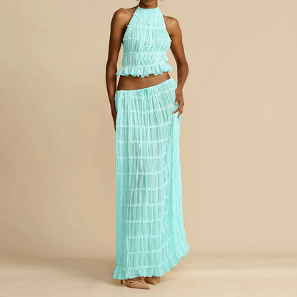 Sexy Two-Piece Hollow Out Set Dress – Backless Lace-Up Crop Top & Long Skirt for Beach & Club Vibes