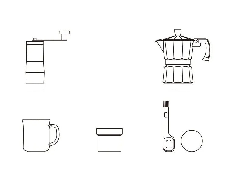 Six Pieces Manual Coffee Maker Gift Set – Moka Pot with Grinder, Cup, Bean Jar, Filter Paper, Spoon, and Brush for Home Brewing Lovers