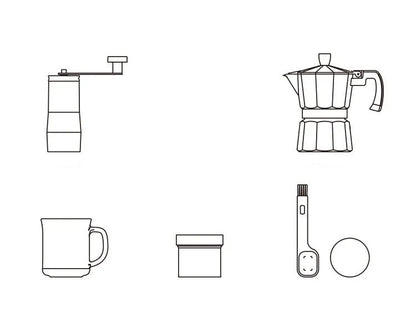 Six Pieces Manual Coffee Maker Gift Set – Moka Pot with Grinder, Cup, Bean Jar, Filter Paper, Spoon, and Brush for Home Brewing Lovers