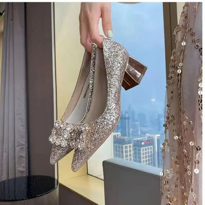 Rhinestone Wedding Shoes – Glitter Block Heel Pumps with Crystal Bow Buckle for Weddings and Parties