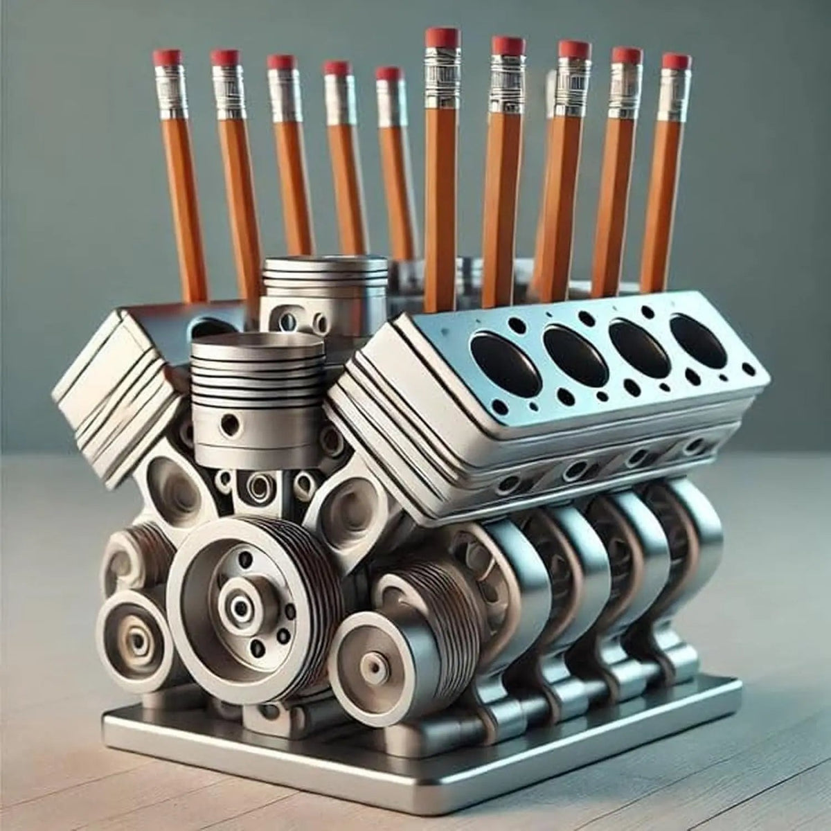 Creative V8 Engine Pen Holder - Eye-Catching Desk Ornament for Gearheads, Office Fun & Unique Gift Idea for Men
