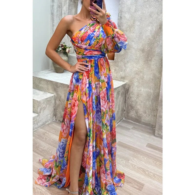 Off Shoulder Slit Dress Women - Long Sleeve Waist Tie Holiday Party Dress, Elegant Printed Fashion Outfit for Evening and Casual Wear