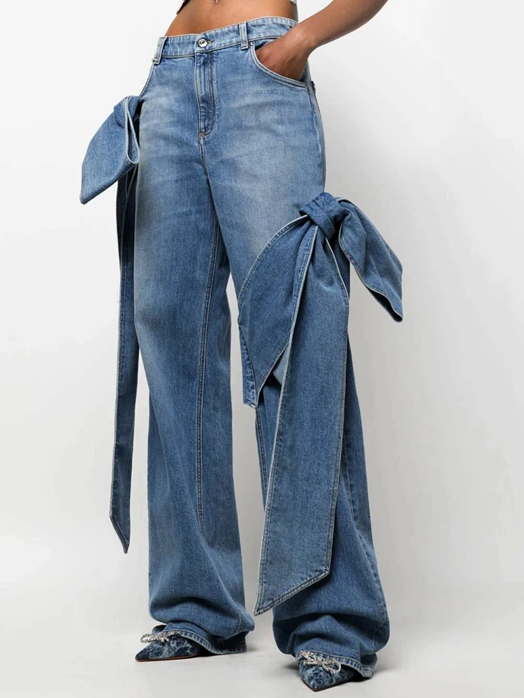 Wide Leg Patchwork Bow Jeans – High-Waist Straight Leg Denim with Feminine Streetwear Flair and Pocket Detailing