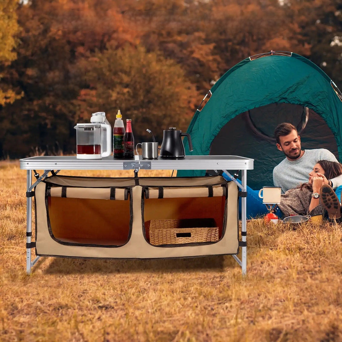 Adjustable Folding Table with Compartments – Sturdy & Height-Adjustable Black Surface for Indoor/Outdoor Dining, Camping, or Workspaces
