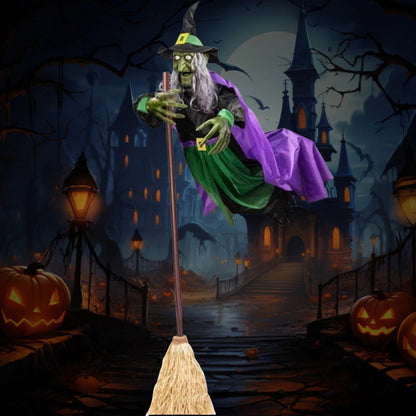 Halloween Flying Witch on Broom – Animatronic Witch with Luminous Eyes for Outdoor Yard Party Props and Haunted House Decor