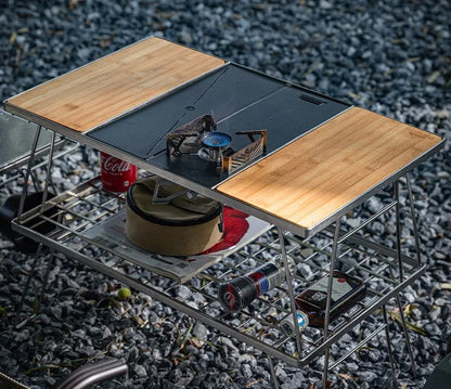 Portable Black Camping Kitchen Set – Foldable Table with Stove Rack and Accessories for Outdoor Cooking, BBQ, and Travel Setup