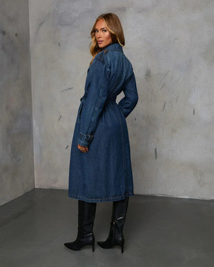 Women’s Long Denim Trench Coats- Autumn Belted Jacket with Elegant Double-Breasted Style