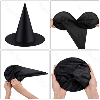 Halloween Hanging Witches Hats – Bulk Black Wizard Hats with Rope for Outdoor Porch Party Decoration and Favors