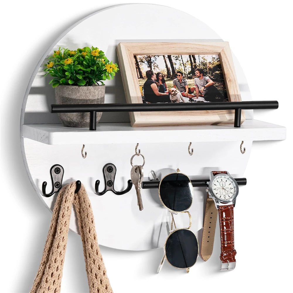 Wall Mounted Wooden Key Holder with Shelf - Mail Organizer and Entryway Storage Rack for Keys, Letters and Home Decor