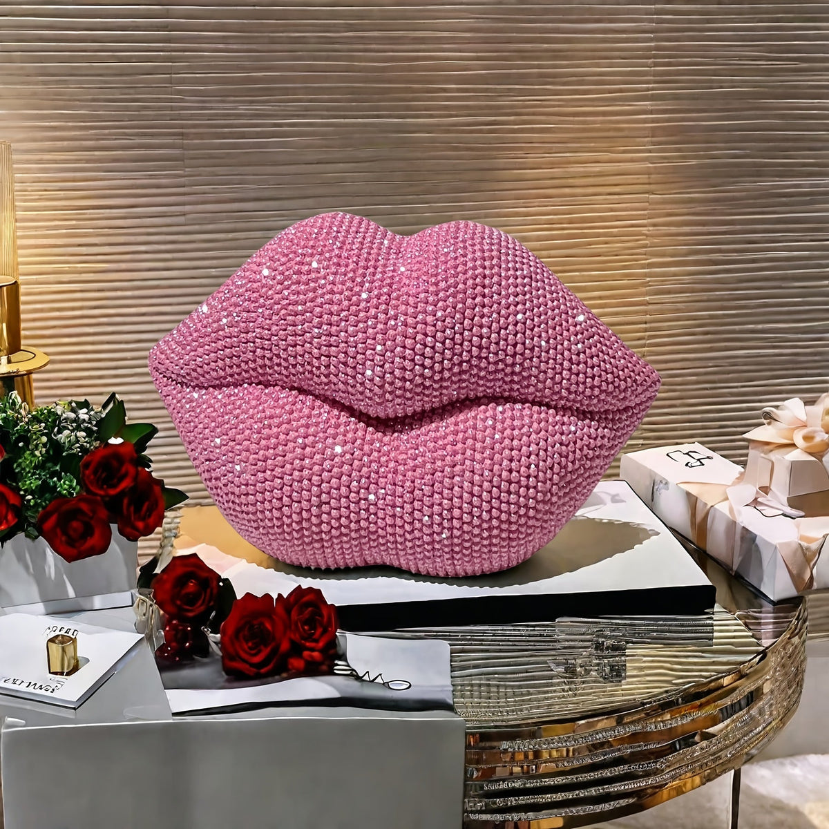 Pink Beaded Lips Statue Decor – Resin Love-Themed Art for Home, Office, Bedroom, Bar, Hotel, Bathroom – Perfect for Weddings, Valentine’s Day, and Romantic Gifts, Indoor Decoration | Beaded Texture | Sleek Finish, Perfect for Thanksgiving