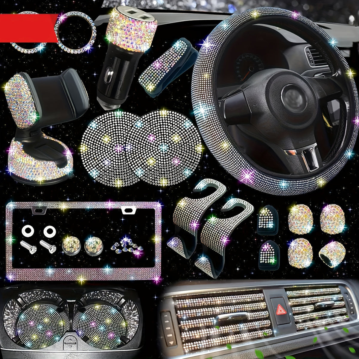 Bling Interior Set for Women with Rhinestone - 27pcs. Luxury Car Accessories for Steering Cover, Crystal Push Start Ring and Gear Trim