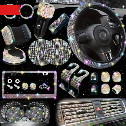 Bling Interior Set for Women with Rhinestone - 27pcs. Luxury Car Accessories for Steering Cover, Crystal Push Start Ring and Gear Trim