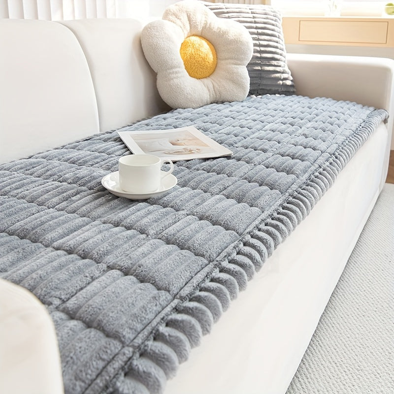 Thick Quilted Plush Sofa Cushion Cover – Non-Slip, Pet-Friendly, All-Season Living Room Essential with Ruffled Trim