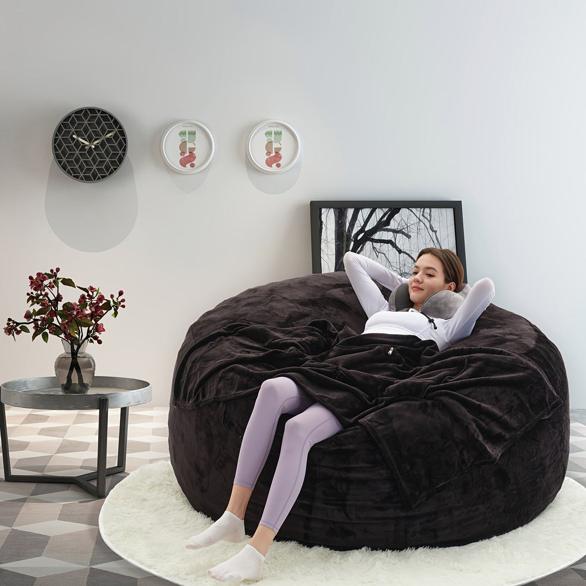 Oversized Bean Bag Sofa Chair –  6FT Memory Foam Lounger with Flannel Cover, Includes U-Shape Pillow, Blanket & Carpet Set