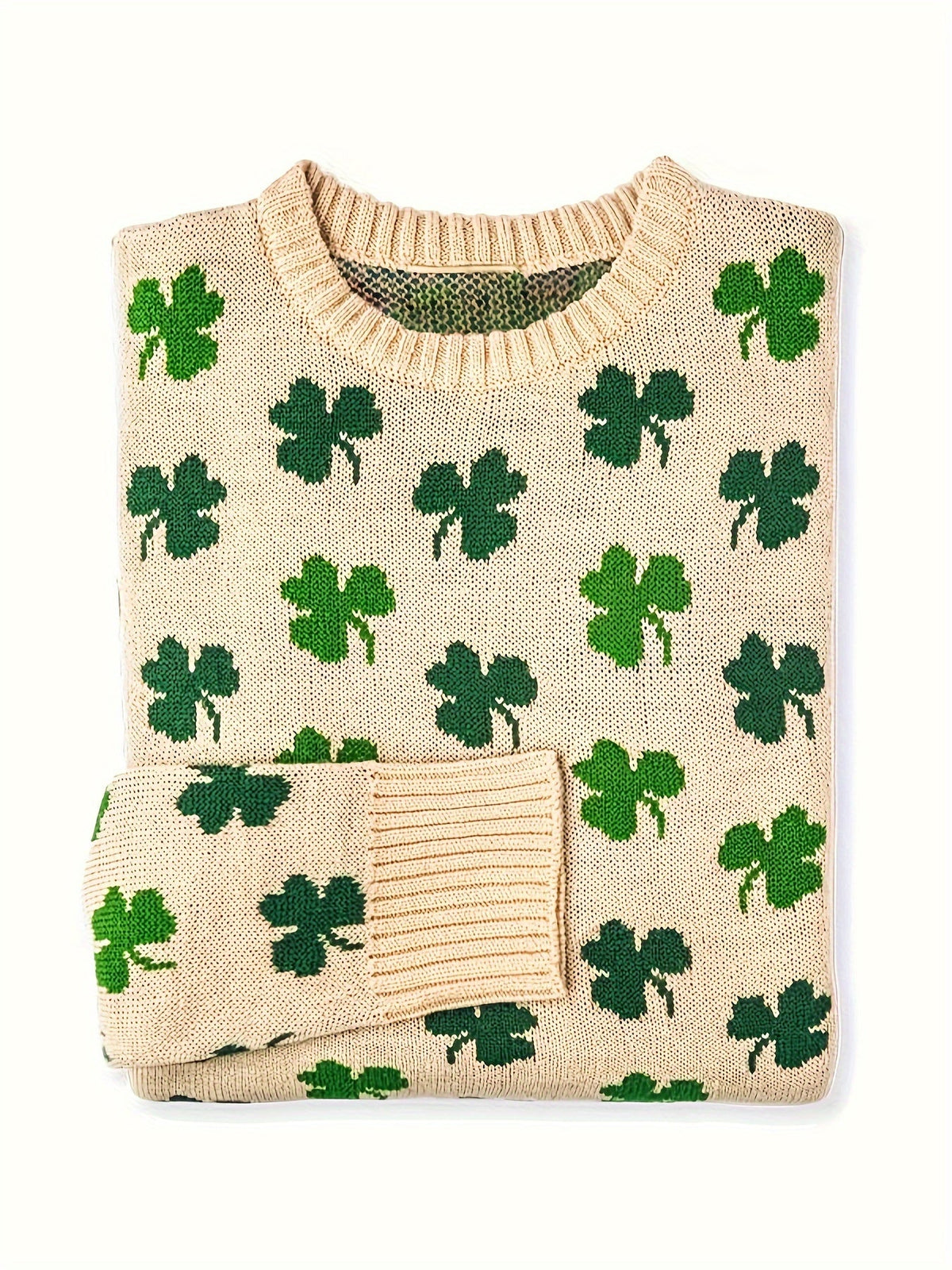 Women's Lucky Four-Leaf Clover Knit Sweater - Green & White Floral Pattern, Cozy Polyester Pullover for Casual Wear, Round Neck, Long Sleeve, 100% Polyester, Perfect for Spring & Fall, Ladies Sweaters