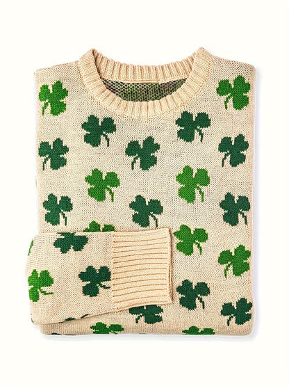Women's Lucky Four-Leaf Clover Knit Sweater - Green & White Floral Pattern, Cozy Polyester Pullover for Casual Wear, Round Neck, Long Sleeve, 100% Polyester, Perfect for Spring & Fall, Ladies Sweaters