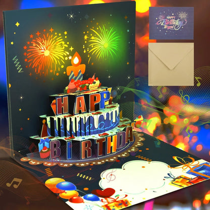 Pop-Up Birthday Card with Envelope  – 3D Card with Fireworks Design with Lights & Sound