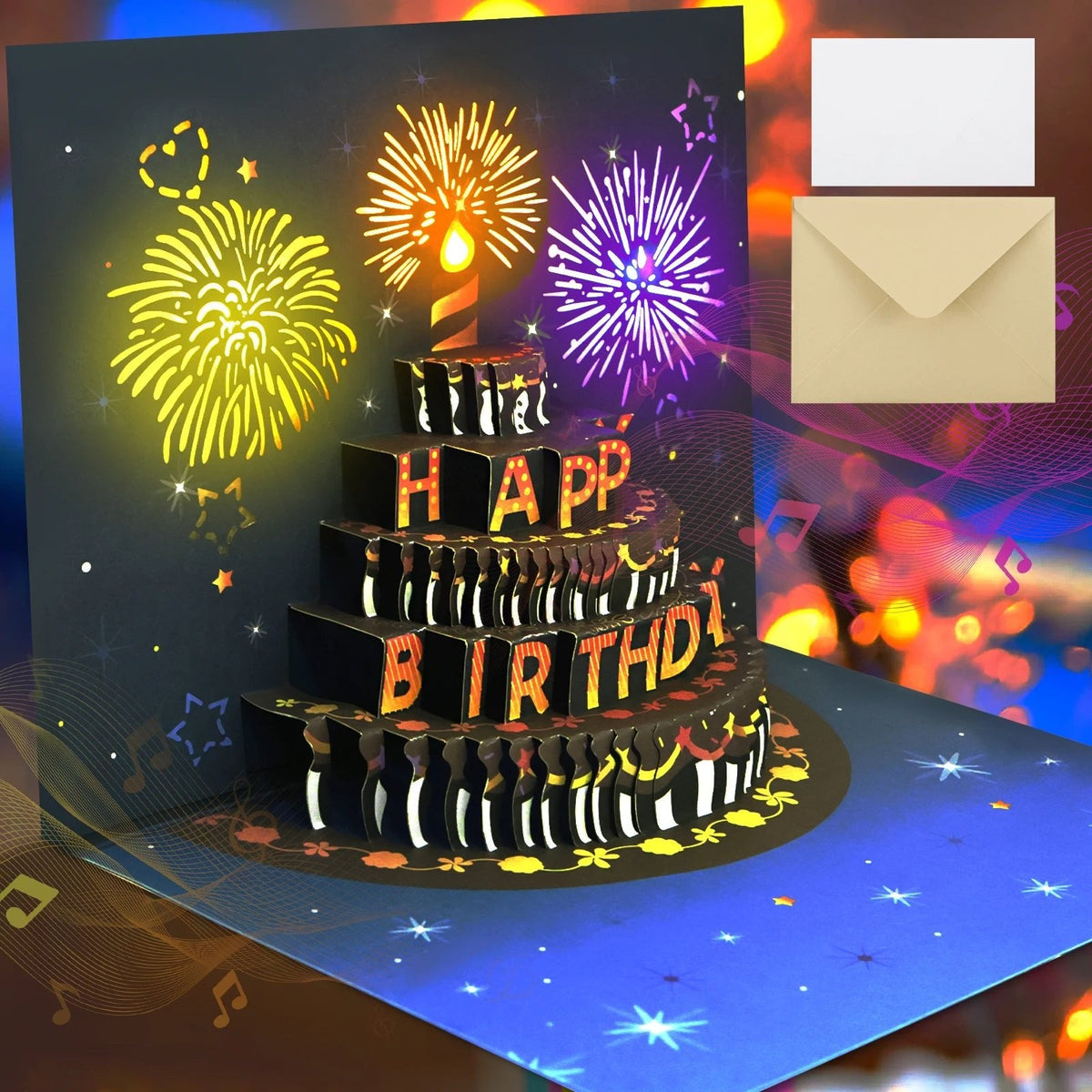 Pop-Up Birthday Card with Envelope  – 3D Card with Fireworks Design with Lights & Sound