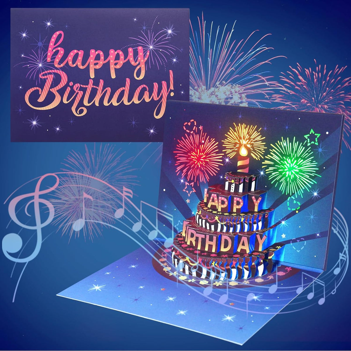 Pop-Up Birthday Card with Envelope  – 3D Card with Fireworks Design with Lights & Sound