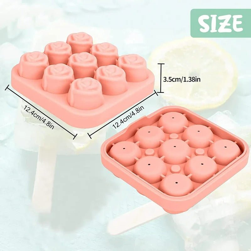 Rose Ice Mold - 1.3 Inch 3D Small Ice Cube Trays, 9-Grid Cute Flower Shape, Silicone Rubber Fun Ice Ball Maker for Kitchen
