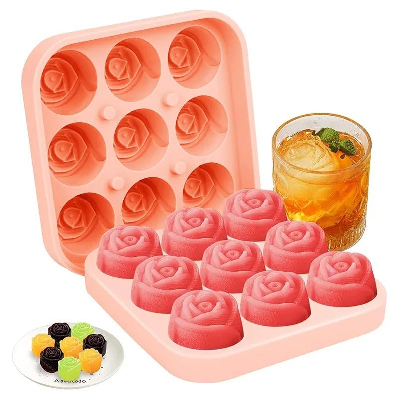 Rose Ice Mold - 1.3 Inch 3D Small Ice Cube Trays, 9-Grid Cute Flower Shape, Silicone Rubber Fun Ice Ball Maker for Kitchen