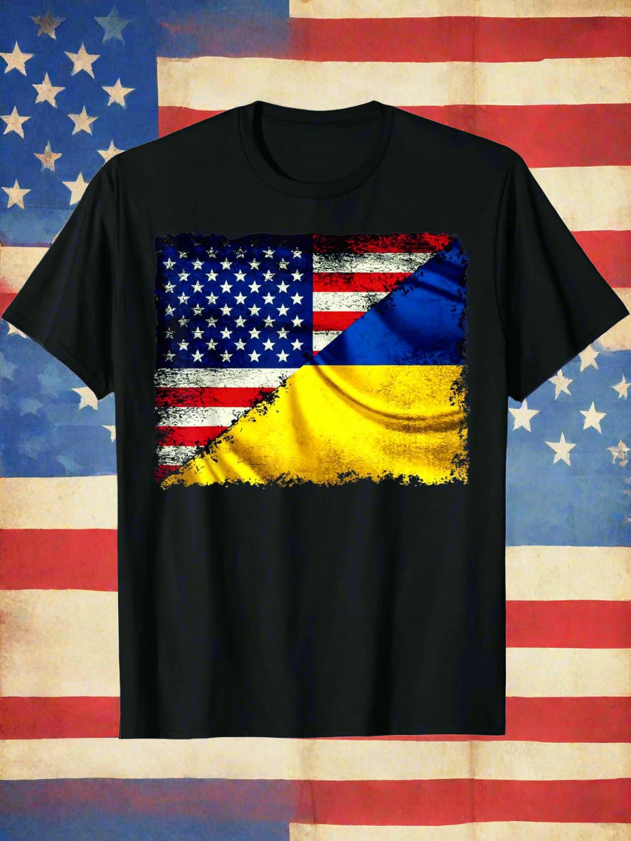 Men’s USA-Ukraine Flag Tee – Breathable Cotton Shirt with Emblem Graphic, Patriotic Comfort for Year-Round Casual Wear