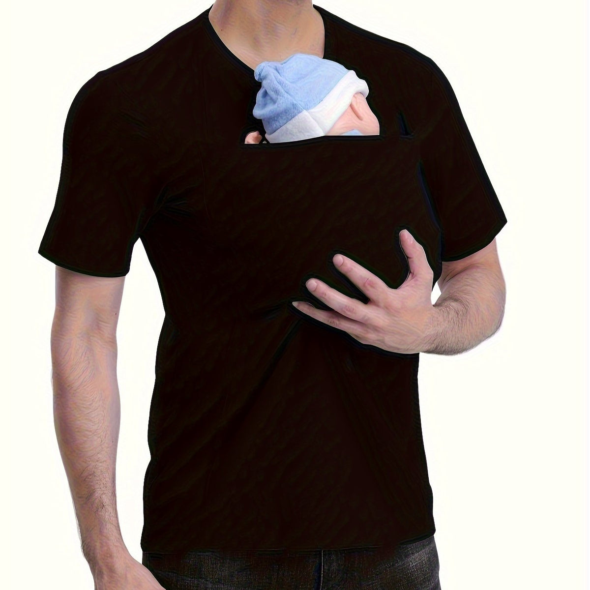 Men’s V-Neck Short Sleeve T-Shirt with Stylish Kangaroo Pocket – Breathable Polyester Blend Ideal for Everyday Casual Streetwear