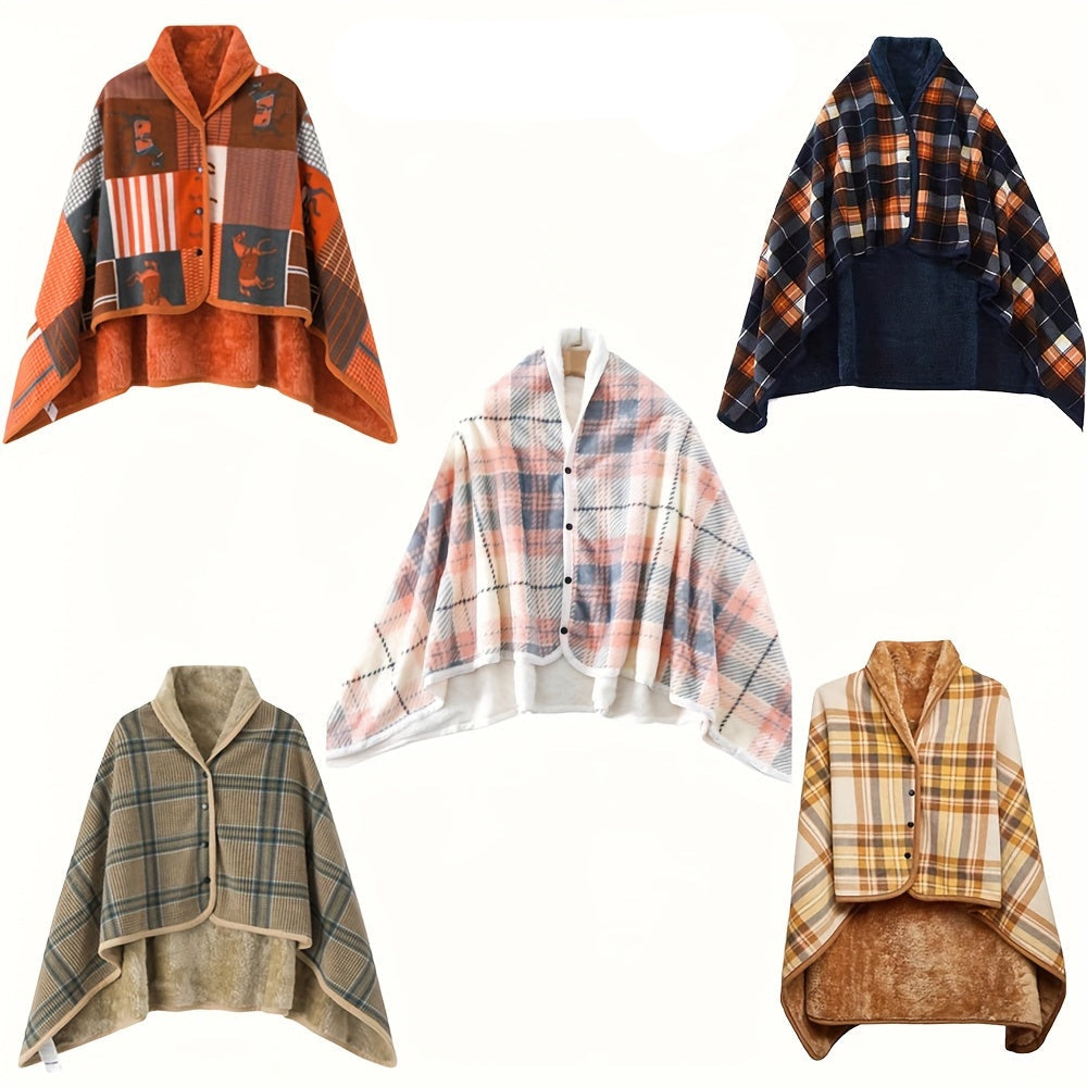 Reversible Plaid Wearable Shawl Blanket – Cozy Winter Throw with Button Closure for Home & Office Warmth