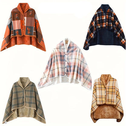 Reversible Plaid Wearable Shawl Blanket – Cozy Winter Throw with Button Closure for Home & Office Warmth