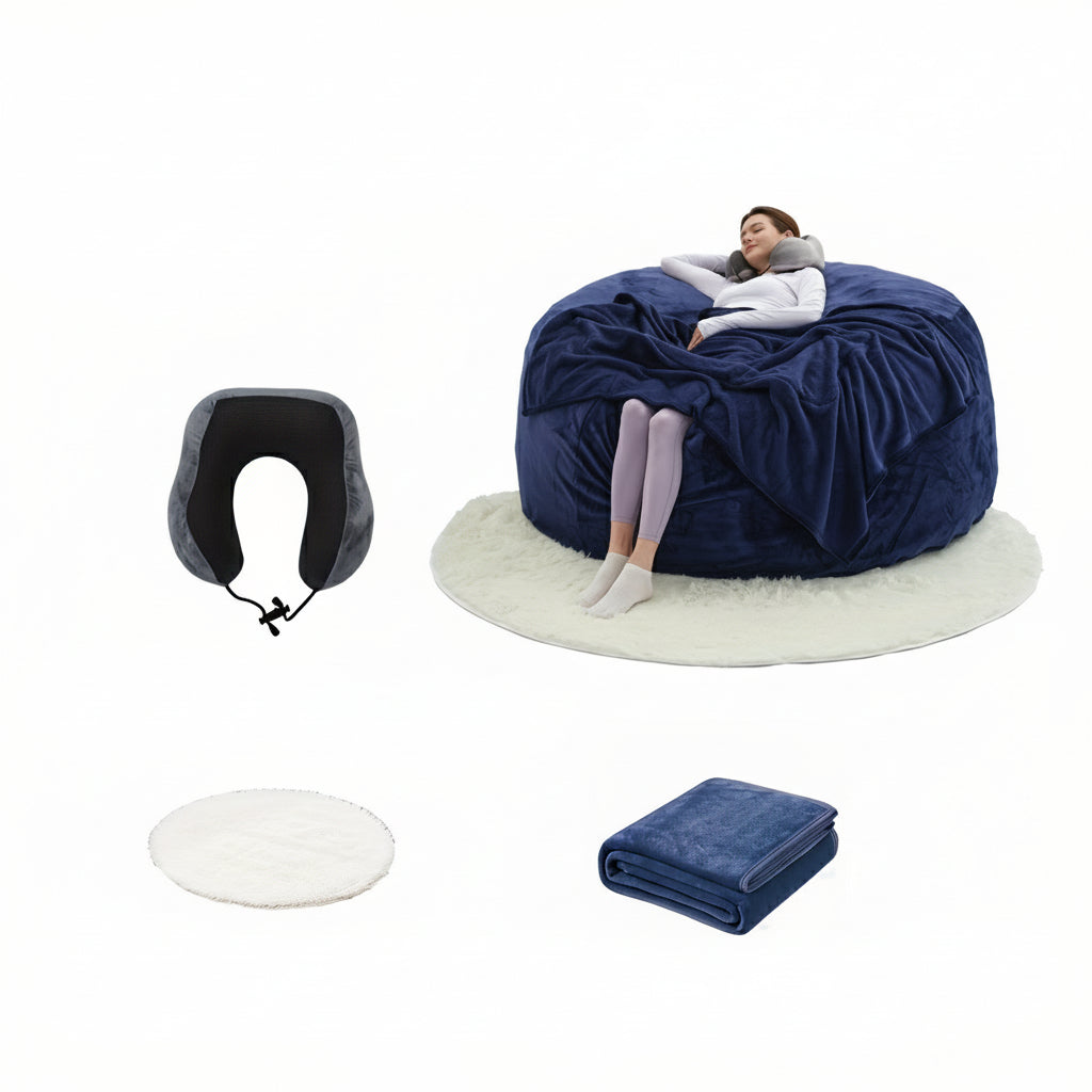 Oversized Bean Bag Sofa Chair –  6FT Memory Foam Lounger with Flannel Cover, Includes U-Shape Pillow, Blanket & Carpet Set