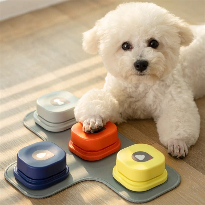 Dog Talking Buttons – Recordable Communication Training Buttons for Dogs & Cats – Set of 4 with Non-Slip Mat & Stickers
