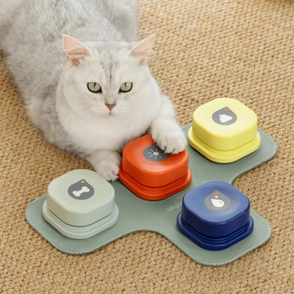 Dog Talking Buttons – Recordable Communication Training Buttons for Dogs & Cats – Set of 4 with Non-Slip Mat & Stickers