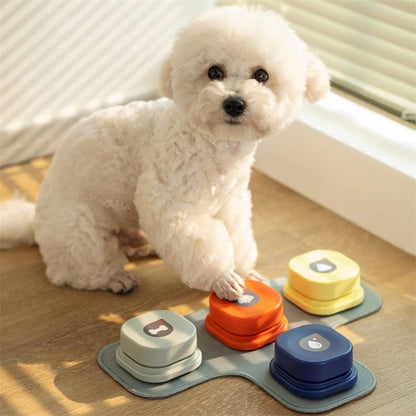 Dog Talking Buttons – Recordable Communication Training Buttons for Dogs & Cats – Set of 4 with Non-Slip Mat & Stickers