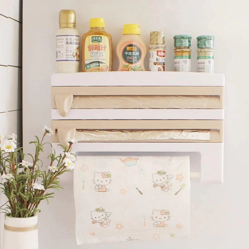 Plastic Wrap Dispenser - 4 In 1 Home Kitchen ABS Foil Film Wrap Tissue Paper Kitchen Roll Holder Dispenser