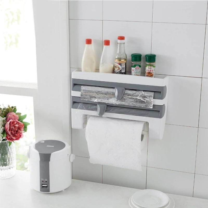 Plastic Wrap Dispenser - 4 In 1 Home Kitchen ABS Foil Film Wrap Tissue Paper Kitchen Roll Holder Dispenser
