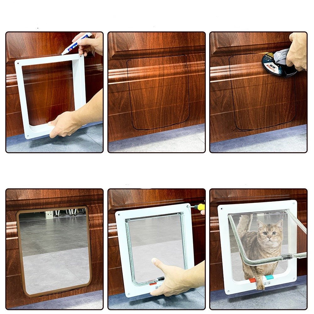 Security Lock Flap Door - 4 Way Cat Flap Door for Interior Exterior Door, Window and Wall
